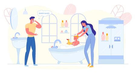 Son Having Bath with Duck, Mother Washing Child.のイラスト素材