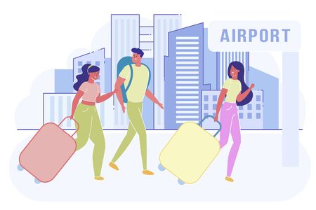 Friends Go to Airport with Laggage and Suitcases.のイラスト素材