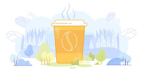 Huge Paper Cup with Hot Beverage on Nature Background with Green Tees, Bushes and Branches Cartoon Flat Vector Illustration. Big Coffee or Tea in Park. Break for Lunch Outdoor or Outside.のイラスト素材