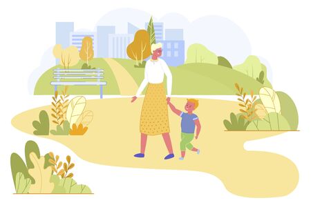 Grandmother and Little Grandson Walking in Parkのイラスト素材