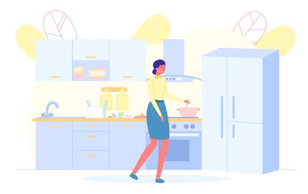 Smiling Woman Cooking Takeaway Dinner at Homeのイラスト素材