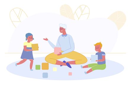 Granny Playing with Little Children Sit on Floorのイラスト素材