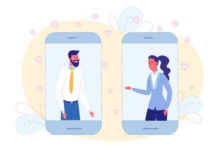 Online Date on Social Networks, Bright Cartoon.のイラスト素材