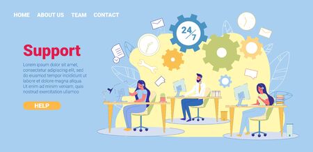 24 on 7 Insurance Company Support Hotline, Banner. Company Employees Sit at their Jobs in Cozy Atmosphere. Through Headset, they Communicate with Companys Customers and Help them Find Right Contract.のイラスト素材