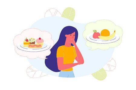 Girl Thinking about Healthy and Junk Food, Choice.のイラスト素材
