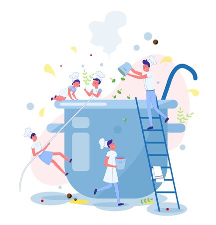 Tiny Children Cartoon Characters Having Fun in Kitchen and Cooking in Giant Casserole or Pot. Children Culinary Studying and Fashionable Hobby. Teaching Self-cooking Skills. Flat Vector Illustration.のイラスト素材