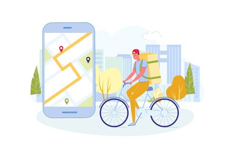 Courier Riding Bicycle with Bag, Map on Screen.のイラスト素材
