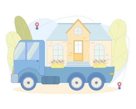 Transportation whole House Special Truck, Banner. On Back Truck is House on Large Platform. Transfer Residential Building from one Place to another Unassembled. Dotted Line Drawn around House.のイラスト素材