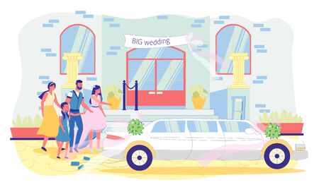 Guest Crowd Waving Newlyweds Sitting in Limousineのイラスト素材