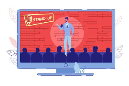 Comedy Stand Up TV Show Program Broadcasting on TV-Set. Comedian Performing on Stage Talking in Microphone front of Audience. Humor Monolog Presentation. TV-Set Monitor Design. Vector Illustrationのイラスト素材