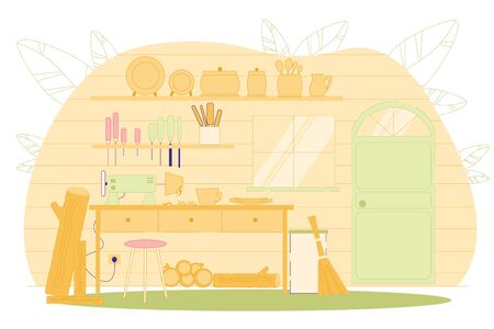 Workshop for Making Wooden Dishes, Production.のイラスト素材