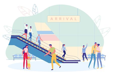 Arrival Departure in Air Terminal with Tourists or Aircraft Passengers Cartoon Characters. People Meeting after Flight. Modern Airport Hall Interior with View on Airfield. Flat Vector Illustration.のイラスト素材
