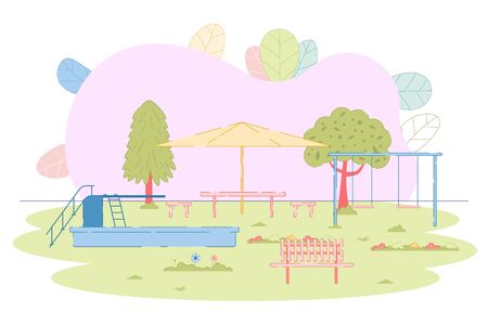 Urban Summer Public Garden and Playground with Attractions for Kids. Natural Landscape. Place for Children Rest and Recreation with Swimming Pool, Bench, Shelter, Swings. Vector Illustrationのイラスト素材