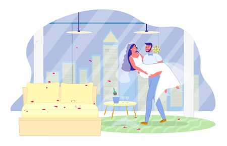 Just Married Happy Loving Hewlyweds in Hotel Roomのイラスト素材