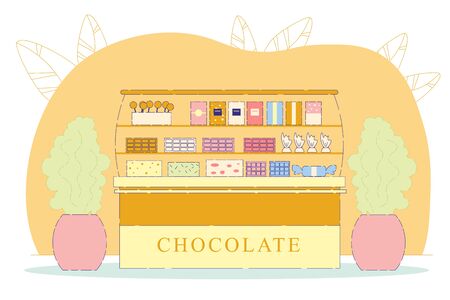 Colorful Chocolate and Sweets Flat Cartoon Vector Illustration. Candy Shop with Sweets, Cookies, Biscuits, Cake Pops. Tasty Desserts behind Counter. Selling Products in Small Store.のイラスト素材