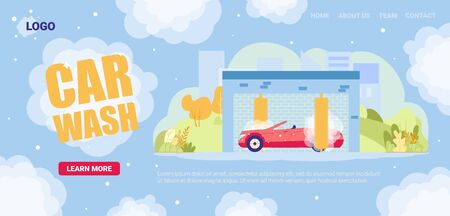 Car Wash Service Flat Cartoon Banner Vector Illustration. Transport Maintenance and Cleaning Advertisement. Automatic Vehicle Washing Website Design. Red Cabriolet Automobile Care.のイラスト素材