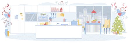 Island Style Spacious Kitchen with Christmas Treeのイラスト素材