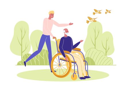 Young Man Assists Elderly Handicapped Person.のイラスト素材