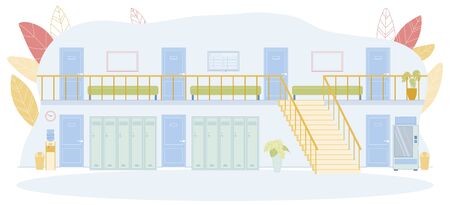 Two Story Building Indoor with Corridor or Hall of University with Stairs, Doors, Cozy Sofa, Schedule or Announcement Board, Food Machine, Trash Bin, Water Filter, Row of Metal Locker on Floorのイラスト素材