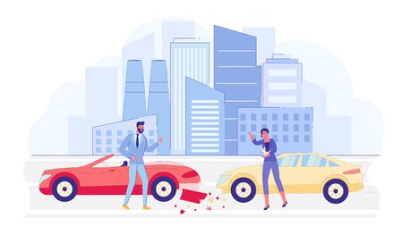 Car Crash or Accident on City Road Flat Cartoon Vector Illustration. Vehicles with Big Damage. Angry Man and Woman Drivers in Formal Clothing Shouting at each other. Transport Incident.のイラスト素材