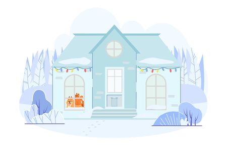 Lonely Cat and Dog Looking at House Window Wait for Pet Owners. View from Street. Home Facade with Garlands. Adorable Domestic Animals. Puppy and Kitten Human Friends. Vector Illustrationのイラスト素材