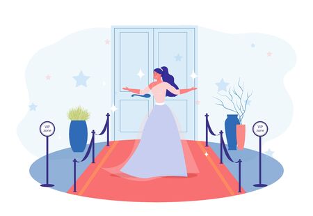 Red Carpet. Ceremonial Occasion. Starry Young Bright Brunette, Celebrity in Luxurious Skew Neck Long Sleeved Evening Dress, Posing, Attending Important Event. Festively Decorated VIP Zone.のイラスト素材