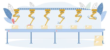 Automatic Conveyor Line Vector Illustration. Robotic Arm Packing Fragile Glass Goods in Cardboard Boxes. Warehouse Interior with Mechanical Transporter. Carton Package on Conveyer Beltのイラスト素材