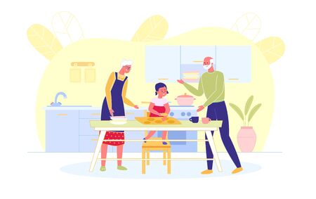 Cooking Dinner with Grandparents at Big Kitchen. Granddaughter Stands on Chair and Cuts out Cookies with Special Cookie Cutter. Grandmother Sets up Plates to her Sides, and Grandfather Prepare Cups.のイラスト素材