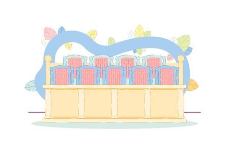 Dock in Courtroom View in Empty Place at Courthouse. Judicial System. Collegium, Assessors, Jury on Court Hearing. Impartial Verdict, Penalty, Common Arrangement and Solution. Row of Chairのイラスト素材