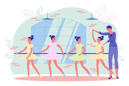 Teenager Girls Training with Teacher in Ballet Dance Studio. Instructor Showing Basic Arms and Legs Moves on One Dancer Example. Classroom Interior with Mirror and Parallel Bar. Vector illustrationのイラスト素材