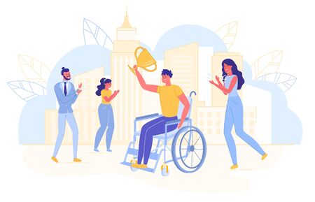 Handicapped Man on Wheelchair with Trophy Cup Sharing his Joy from Achievements and Victory with his Friends or Colleagues. Disabled People Success in Sport and Business. Flat Vector Illustration.のイラスト素材