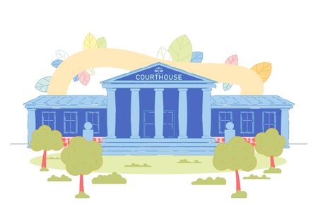 Courthouse with Scales Symbol on Facade with Stairs and Columns Empty Exterior. Tree, Plant, Grass and Shrub on Enterance. Government State Court, Justice House. Space of Legal Litigationのイラスト素材
