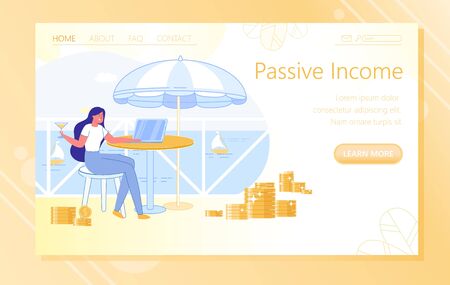 Girl Sits at Cafe Table and Get Passive Income. Woman Joyfully Browsers Earnings in Laptop, Holds Glass Martini in her Hand. Gold Coins are Laid out on Floor, Sea and Sailboats in Background.のイラスト素材