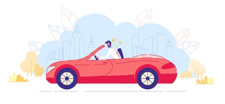Back Diseases and Posture Problems while Driving Car Flat Cartoon Vector Illistration. Man in Vehicle Sitting in Wrong Pose. Back or Spine Pain Caused by Improper Position. Health Concept.のイラスト素材
