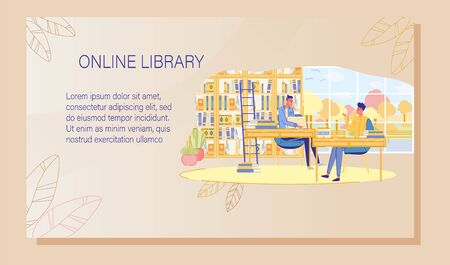 Teenager Man Student Studying, Preparing for Exam in Library Reading Room. Best E-Book for Education. E-Learning. Online Knowledge. E-Library Service Advertising Poster. Vector Illustrationのイラスト素材