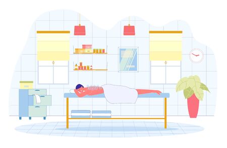 Massage with Cans for better Blood Circulation. Girl Lies on Couch, she Half Covered with Towel. Small Round Glass Vessels on Skin Back. Shelves with other Cosmetics on Walls for Procedures.のイラスト素材