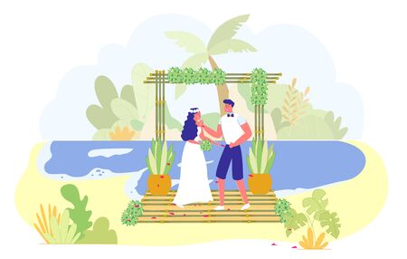 Romantic Wedding Ceremony on Tropical Island. Exotic Party Event Celebration. Happy Bride and Groom in Elegant Dress and Suit Standing under Floral Bridal Gate on Beach. Vector Illustrationのイラスト素材