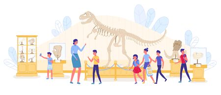 Kid Educational Guide Excursion at Paleontology Natural History Museum. Boy Girl School Pupil Visiting Exhibition with Prehistoric Predator Skeleton, Skull. Archeology for Student. Vector Illustrationのイラスト素材