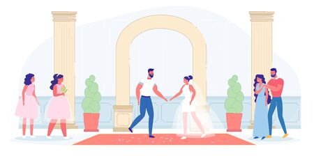 Traditional Bridal Ceremony at Wedding Palace Indoor. Classic Marriage Celebration Event. Bride, Groom, Parent and Bridesmaid People Character. New Family Creation and Romance. Vector Illustrationのイラスト素材