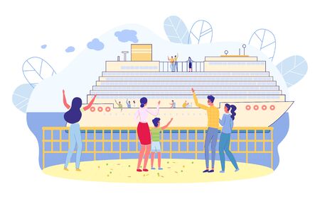 Cruise Ship Departs from Pier, People See off. People Stand on Embankment and Wave Goodbye to Relatives Leaving on Passenger Liner. VIP Sea Voyage on Liner. Cruise on Modern Ship, Slide.のイラスト素材