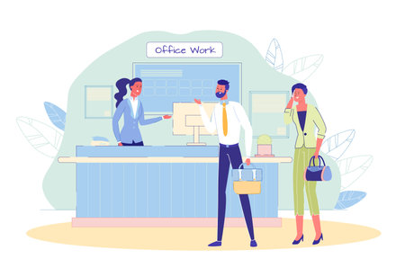 Receptionist Meeting Man and Woman Worker at Reception Desk. Office Work. Administrator Giving Advice to Visitor, Consulting Client. Banking, Service Center. Staff Character. Vector Illustrationのイラスト素材