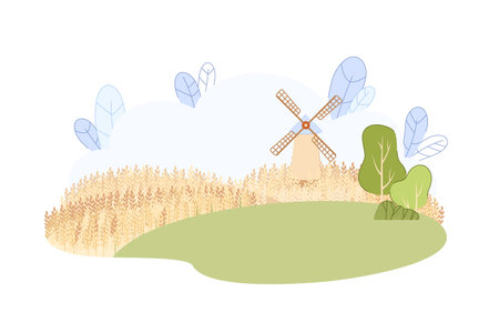 Countryside Landscape with Traditional Windmill on Hill Vector Illustration. Summer Rural Scenery View with Mill on Ripe Crop Field. Organic Wheat Oat Rye Harvest. Flour Bread Productionのイラスト素材
