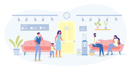 Queue to Dentist Hospital Office for Consultation and Treatment. Patients with Toothache. Man, Mother with Little Son Child. Woman with Flux Talking to Businessman. Vector Flat Cartoon Illustrationのイラスト素材