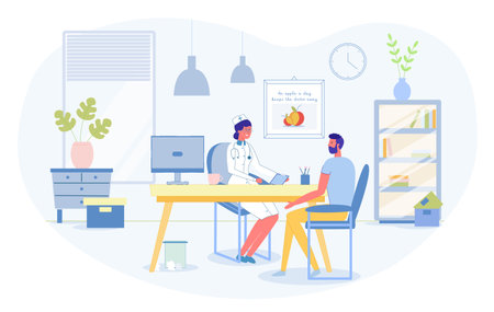 Man Patient at Doctor Appointment in Clinic Office. Therapist, Nutritionist Specialist Advising Guy. Medical Consultation in Hospital. Healthcare and Medicine. Vector Cartoon Flat Illustrationのイラスト素材