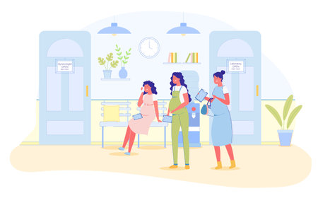 Pregnant Women Wait in Queue or Line for Gynecologist Flat Cartoon Vector Illustration. Waiting for Appointment at Hospital Hall. Female Characters Expecting Children, Doing Medical Checkup.のイラスト素材