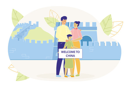 Family Members Standing near China Great Wall Famous Sightseeing Flat Cartoon Vector Illustrtation. Welcome to China Poster. Welcoming Tourists from Different Countries. Mother, Father and Girl.のイラスト素材