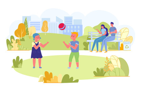 Family Spending Free Time in Park Cartoon Flat Vector Illustration. Children Playing with Ball near Parents. Mother and Father Sitting on Bench and Looking at Kids. Outdoor Activities, Fresh Air.のイラスト素材