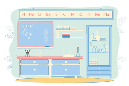 Chemistry Classroom in School, College, University. Elements of Periodic Table above Blackboard, Flasks, Beaker and Test Tubes with Reagents. Pharmaceutical Formula. Modern Flat Vector Illustrationのイラスト素材