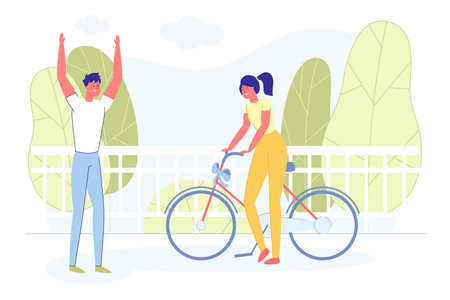 Bright Banner, Couple Met for Presenting Gift. Girl Brought her Groom Bicycle with Gift Bow. Guy Threw Up his Hands in Joy, and she Smiles Happily. They Met Outside on Warm Autumn Day.のイラスト素材