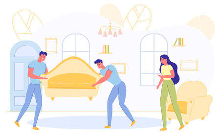 Informational Poster, Successful Furniture Service. Men Carry Sofa to Transport Furniture, Woman Looks and Smiles. People Rearrange Sofa in Apartment, Cartoon. Vector Illustration.のイラスト素材
